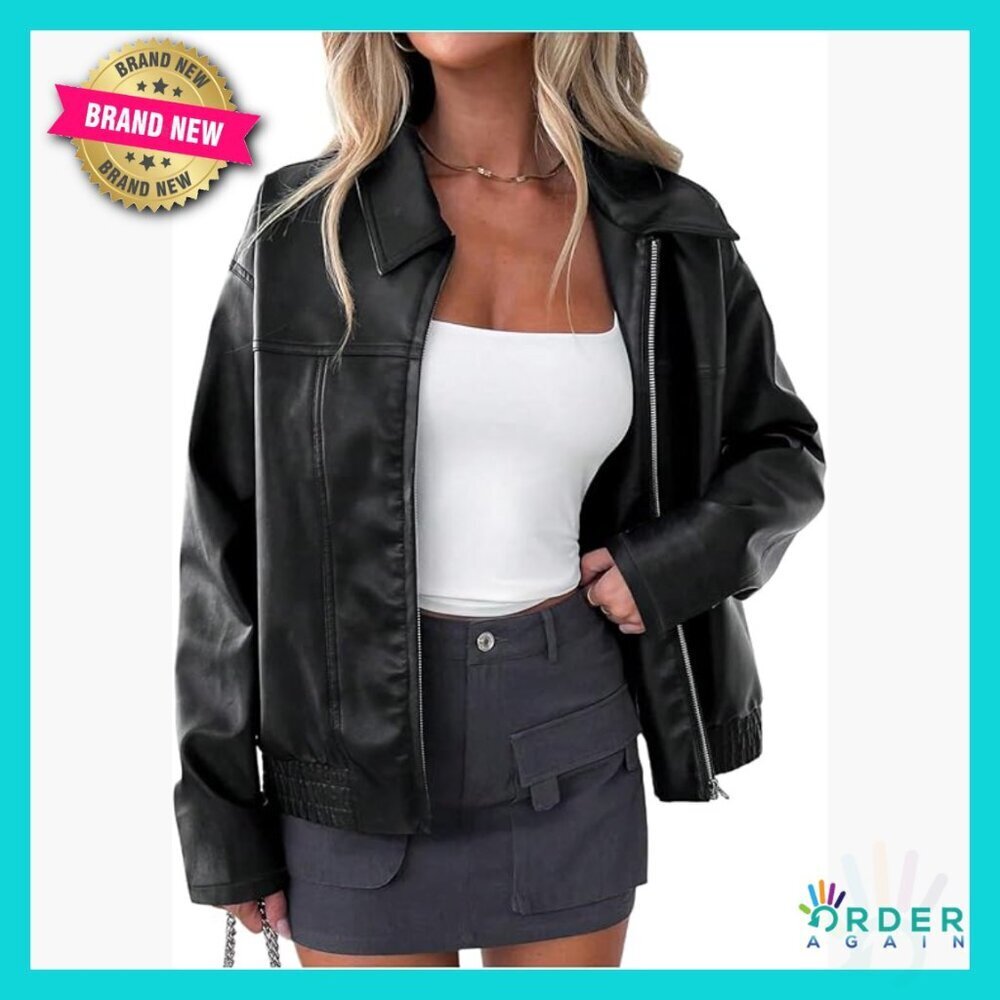 Faux Leather Motorcycle Jacket Zip Front Long Sleeve Streetwear Chic Coat